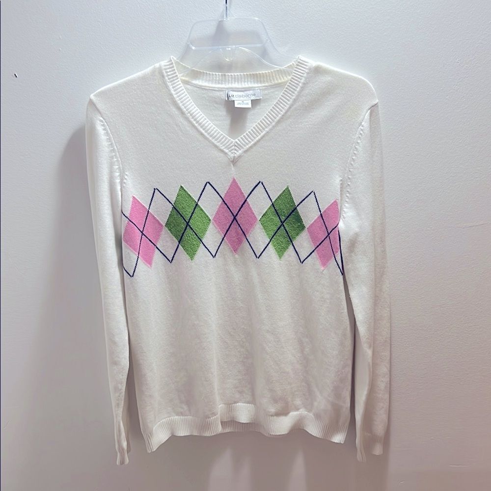 Liz Claiborne Size M White Pastel Argyle Long Sleeve Sweater